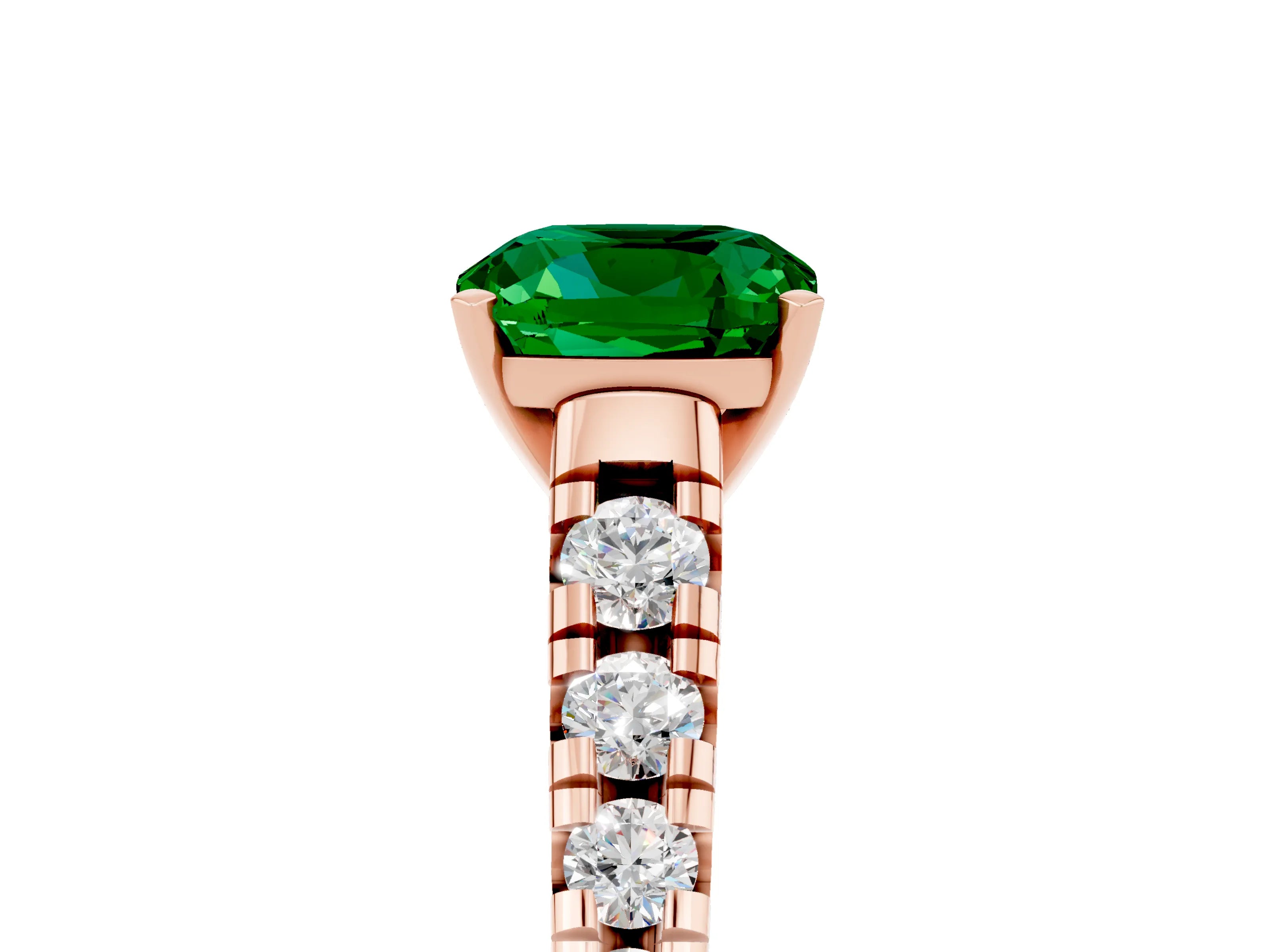 Rose gold Cushion Cut Emerald Solitaire Ring with Cathedral Setting and Pavé Band_5