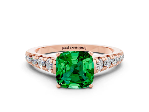 Rose gold Cushion Cut Emerald Solitaire Ring with Cathedral Setting and Pavé Band