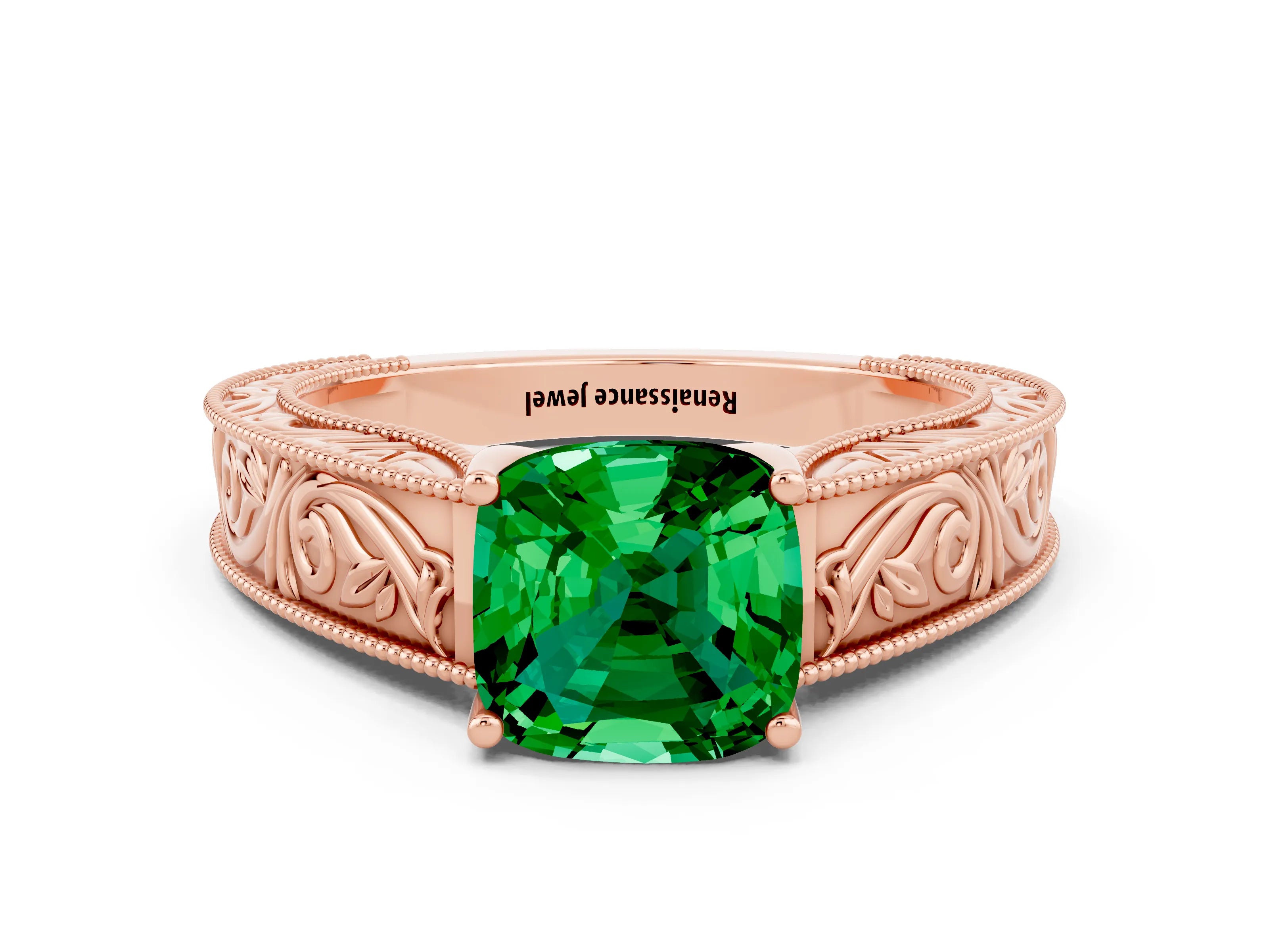 Rose gold Cushion Cut Emerald Solitaire Ring with Engraved Band and Four-Prong Setting