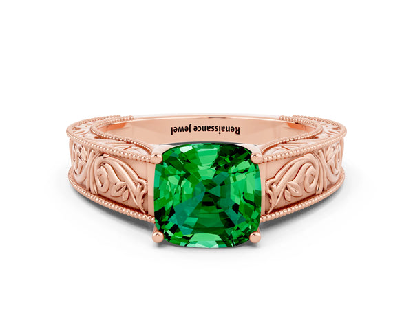 Rose gold Cushion Cut Emerald Solitaire Ring with Engraved Band and Four-Prong Setting