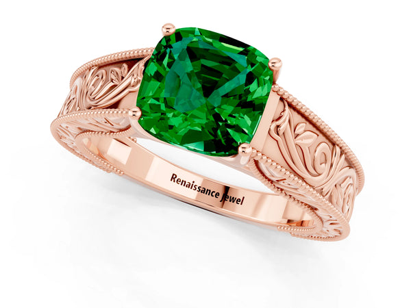 Rose gold Cushion Cut Emerald Solitaire Ring with Engraved Band and Four-Prong Setting