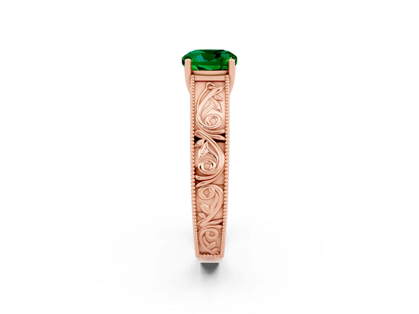 Rose gold Cushion Cut Emerald Solitaire Ring with Engraved Band and Four-Prong Setting