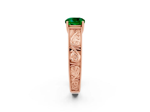 Rose gold Cushion Cut Emerald Solitaire Ring with Engraved Band and Four-Prong Setting_2