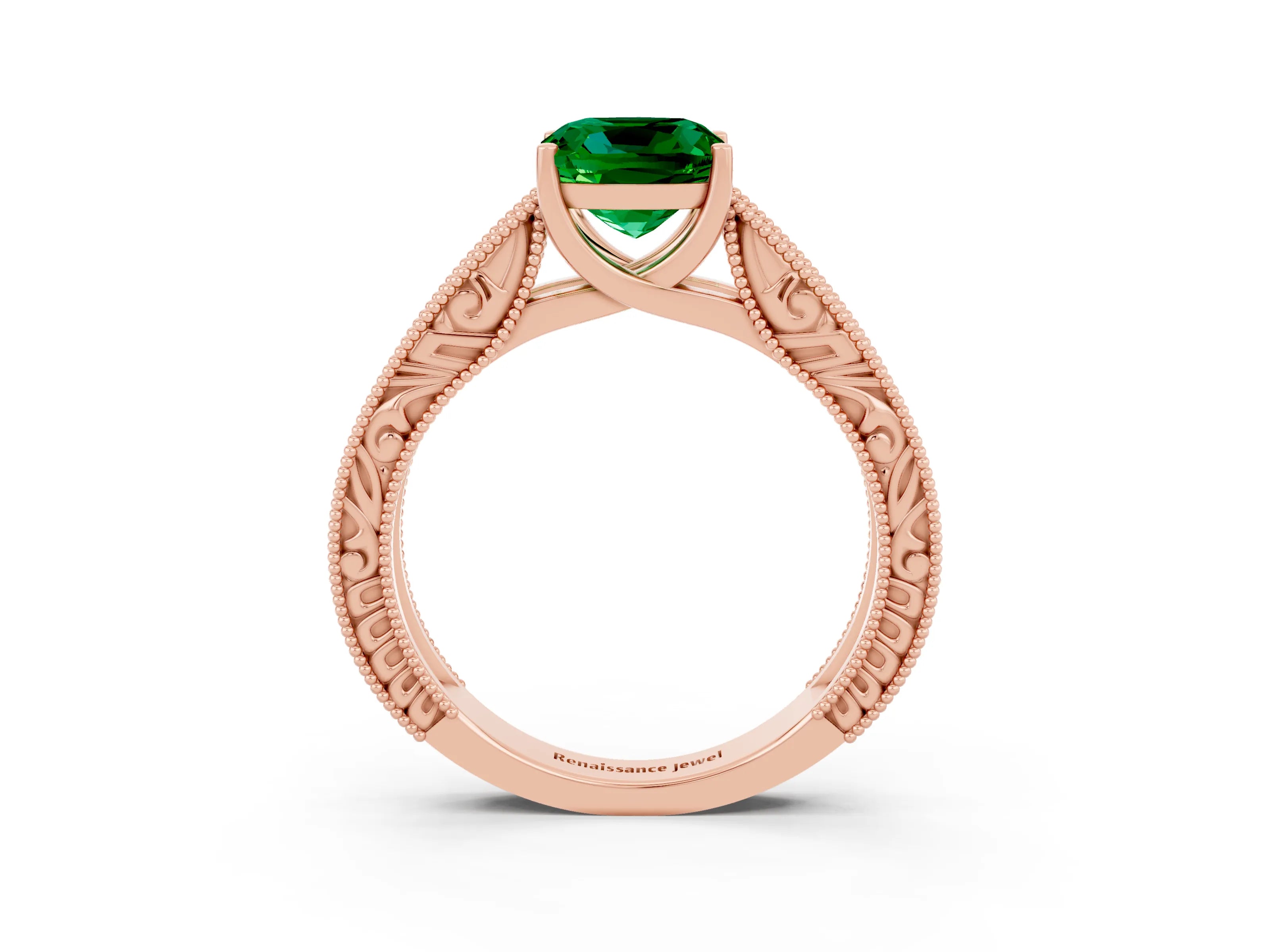 Rose gold Cushion Cut Emerald Solitaire Ring with Engraved Band and Four-Prong Setting_3