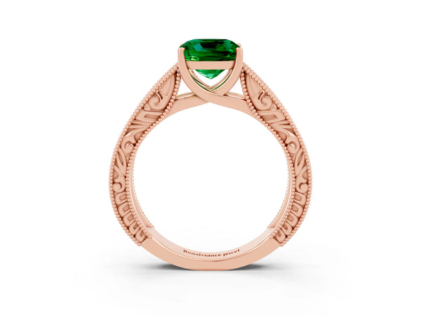 Rose gold Cushion Cut Emerald Solitaire Ring with Engraved Band and Four-Prong Setting