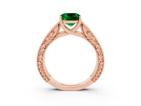 Rose gold Cushion Cut Emerald Solitaire Ring with Engraved Band and Four-Prong Setting_3