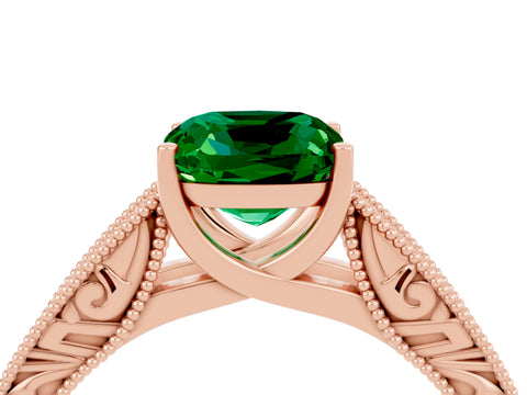 Rose gold Cushion Cut Emerald Solitaire Ring with Engraved Band and Four-Prong Setting_4