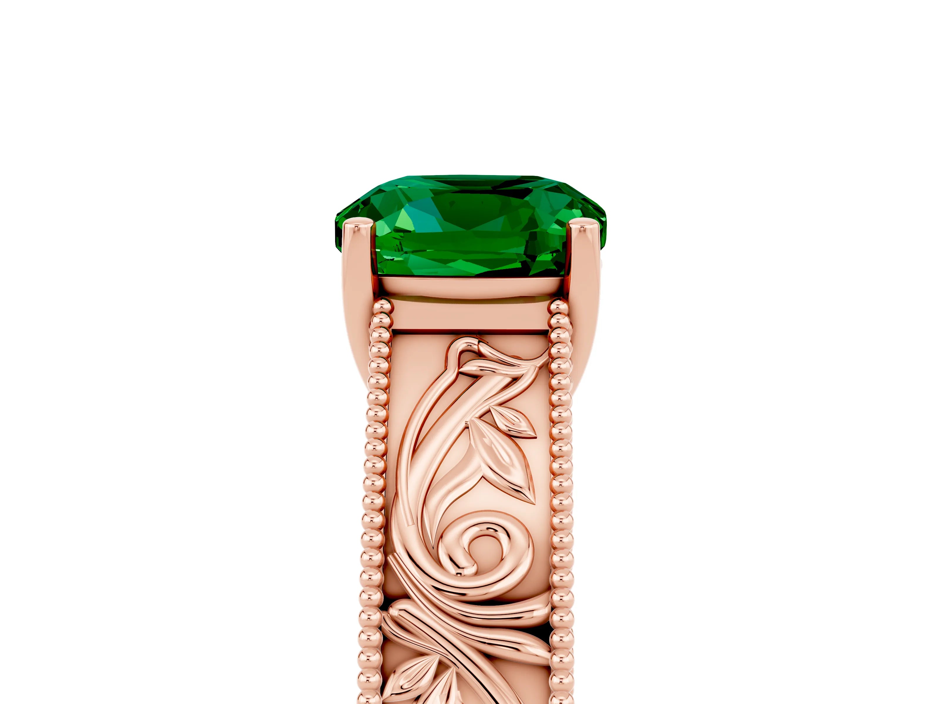 Rose gold Cushion Cut Emerald Solitaire Ring with Engraved Band and Four-Prong Setting_5