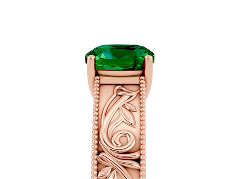 Rose gold Cushion Cut Emerald Solitaire Ring with Engraved Band and Four-Prong Setting_5