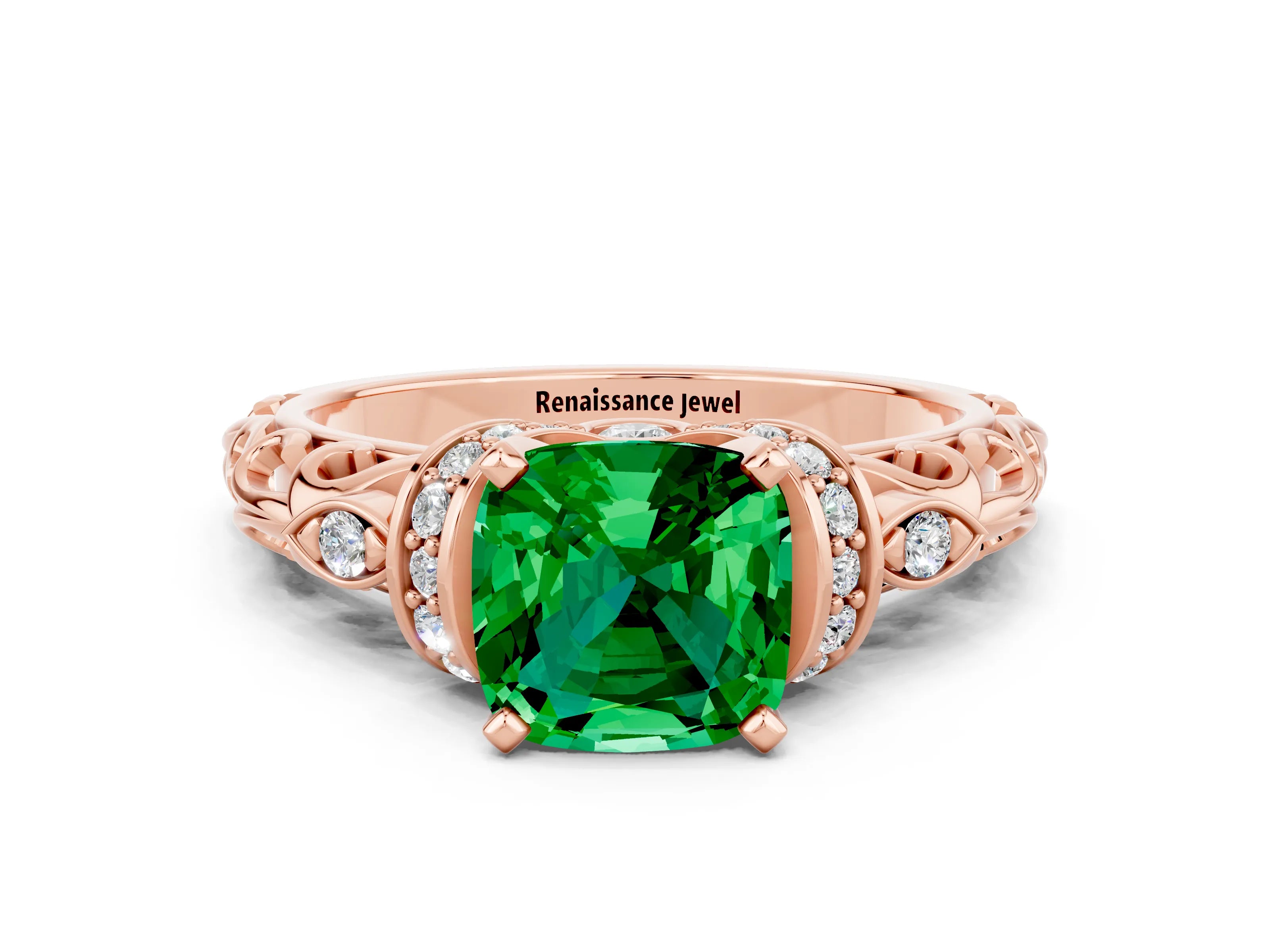 Rose gold Cushion Cut Emerald Solitaire Ring with Filigree Band and Four-Prong Setting_24