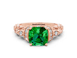 Rose gold Cushion Cut Emerald Solitaire Ring with Filigree Band and Four-Prong Setting_24