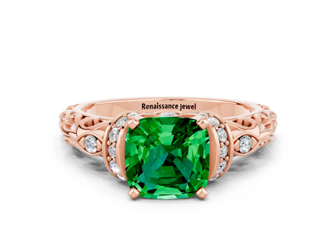 Rose gold Cushion Cut Emerald Solitaire Ring with Filigree Band and Four-Prong Setting_24