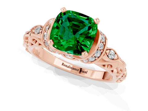 Rose gold Cushion Cut Emerald Solitaire Ring with Filigree Band and Four-Prong Setting_25