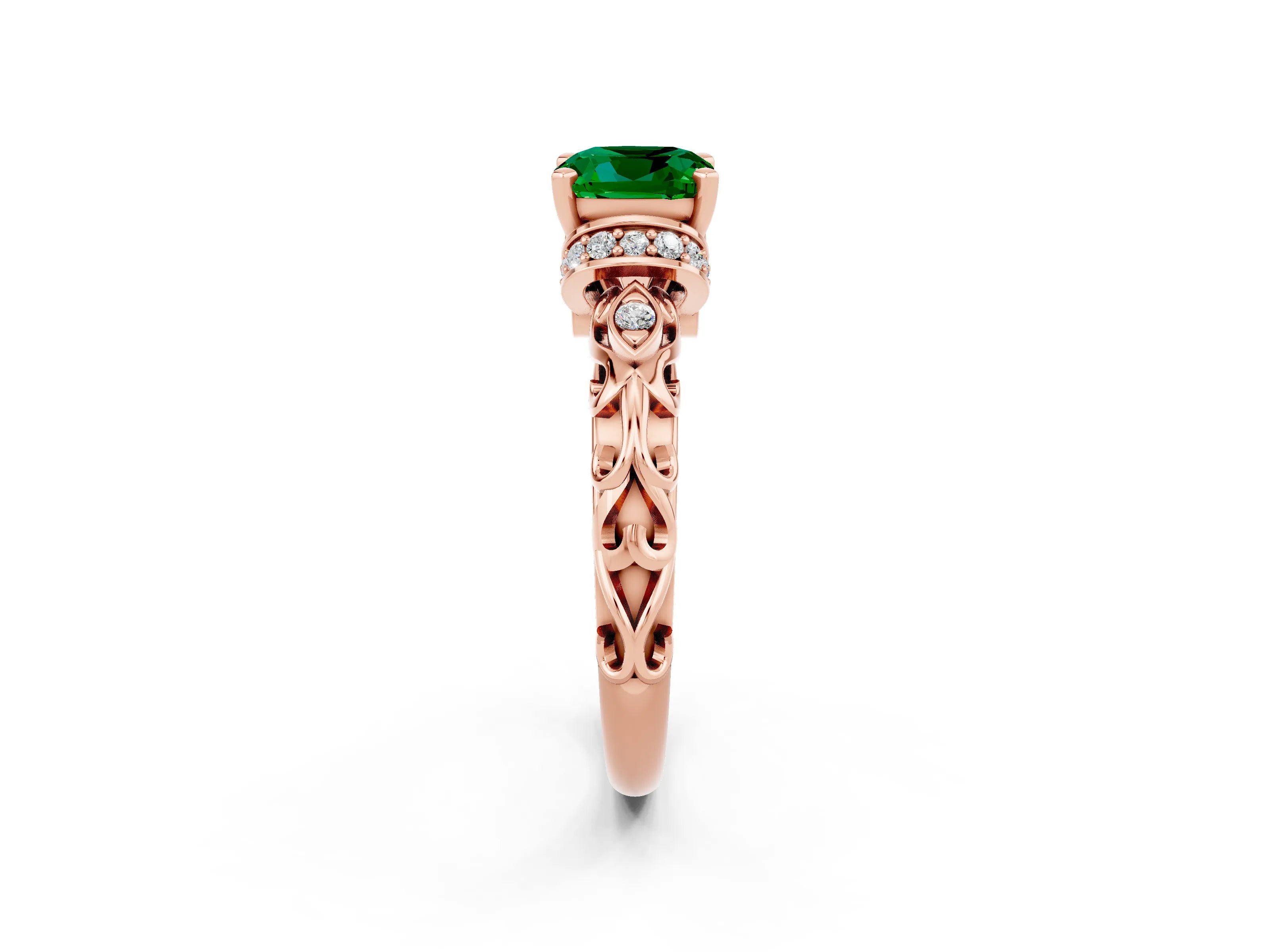 Rose gold Cushion Cut Emerald Solitaire Ring with Filigree Band and Four-Prong Setting_26