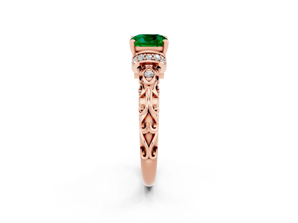 Rose gold Cushion Cut Emerald Solitaire Ring with Filigree Band and Four-Prong Setting