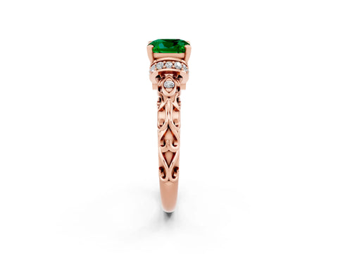 Rose gold Cushion Cut Emerald Solitaire Ring with Filigree Band and Four-Prong Setting_26