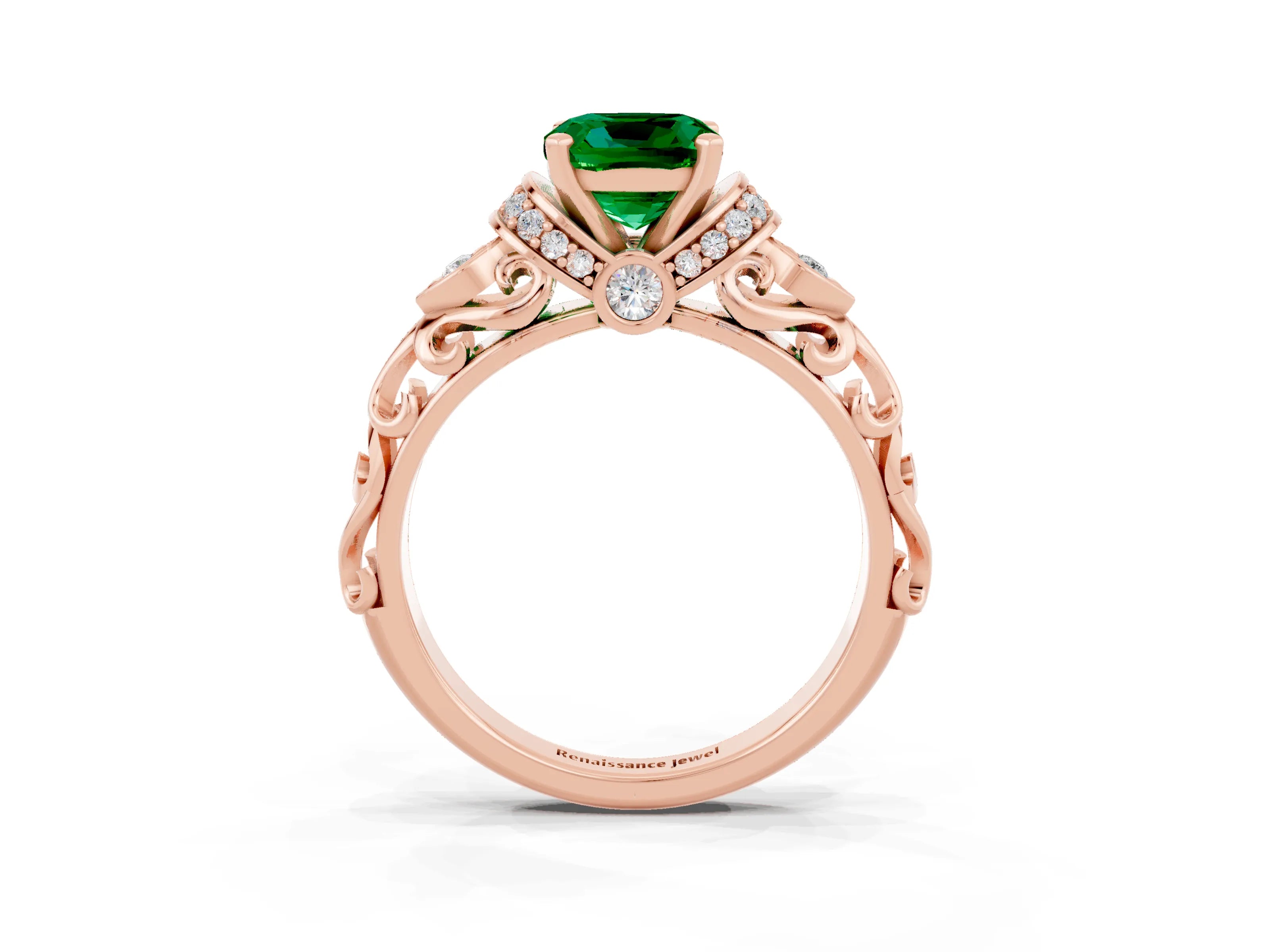 Rose gold Cushion Cut Emerald Solitaire Ring with Filigree Band and Four-Prong Setting_27