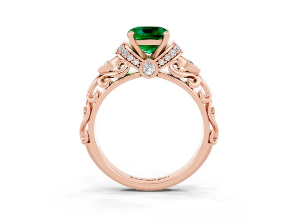 Rose gold Cushion Cut Emerald Solitaire Ring with Filigree Band and Four-Prong Setting