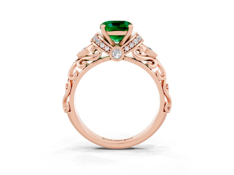 Rose gold Cushion Cut Emerald Solitaire Ring with Filigree Band and Four-Prong Setting_27