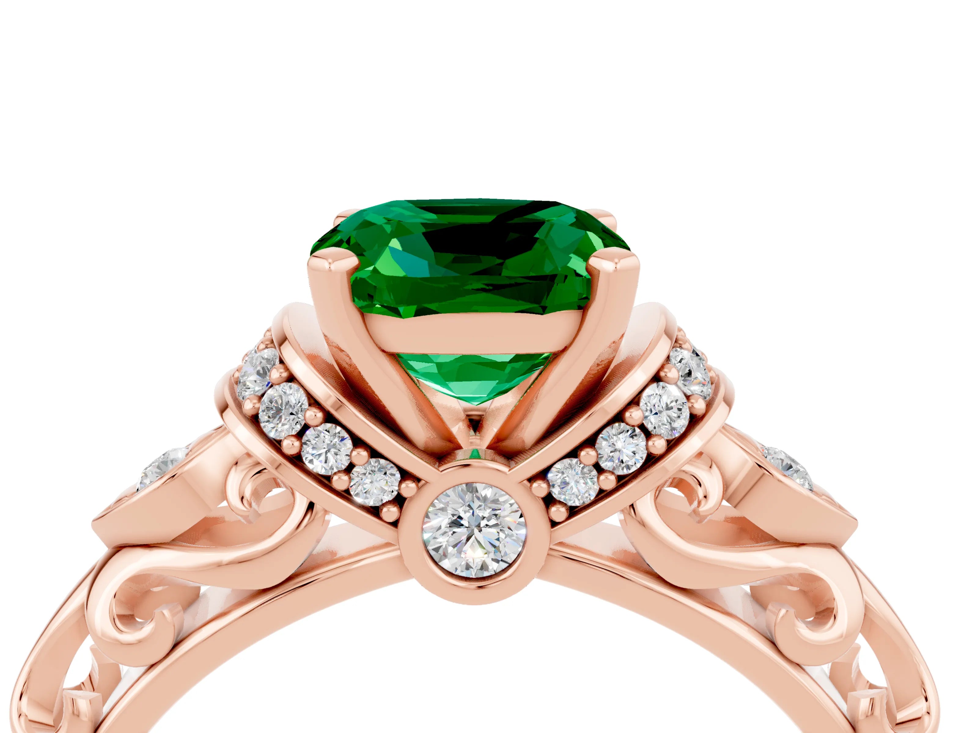 Rose gold Cushion Cut Emerald Solitaire Ring with Filigree Band and Four-Prong Setting_28