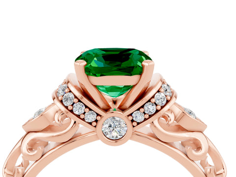 Rose gold Cushion Cut Emerald Solitaire Ring with Filigree Band and Four-Prong Setting_28