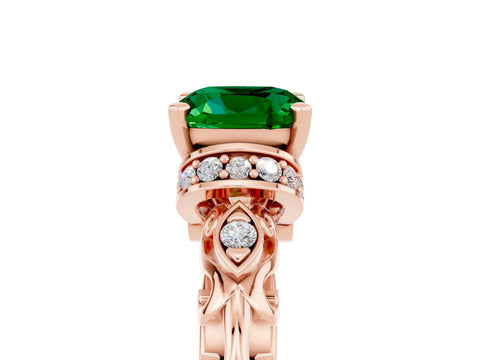 Rose gold Cushion Cut Emerald Solitaire Ring with Filigree Band and Four-Prong Setting_29