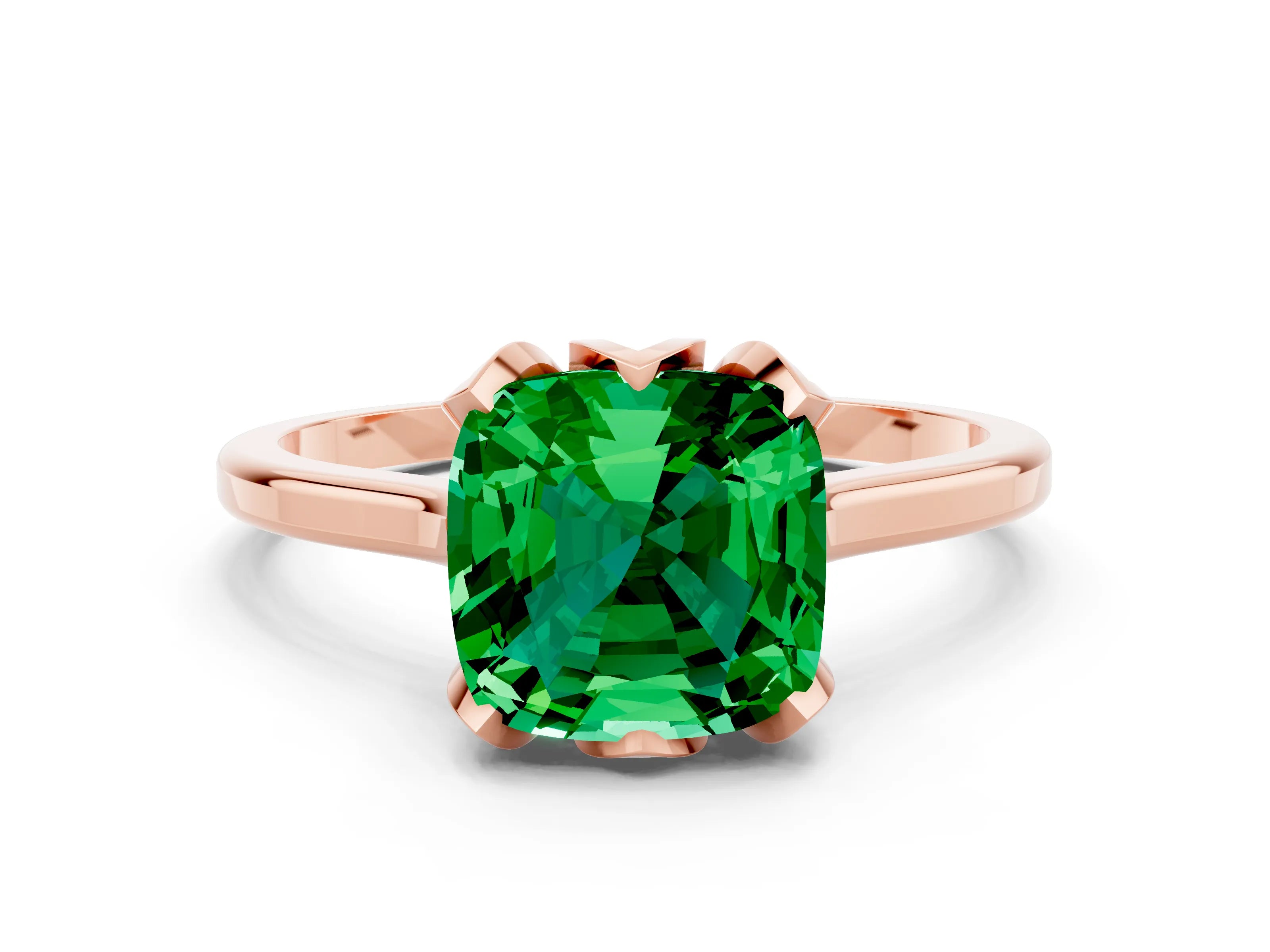 Rose gold Cushion Cut Emerald Solitaire Ring with Flower Prong Setting and Classic Band_12