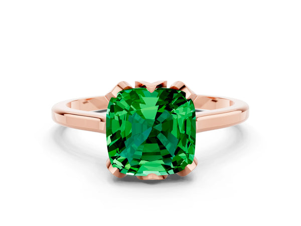 Rose gold Cushion Cut Emerald Solitaire Ring with Flower Prong Setting and Classic Band