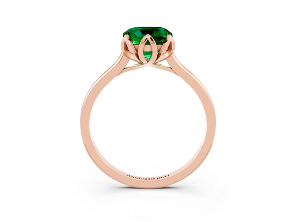 Rose gold Cushion Cut Emerald Solitaire Ring with Flower Prong Setting and Classic Band