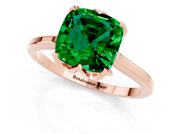 Rose gold Cushion Cut Emerald Solitaire Ring with Flower Prong Setting and Classic Band