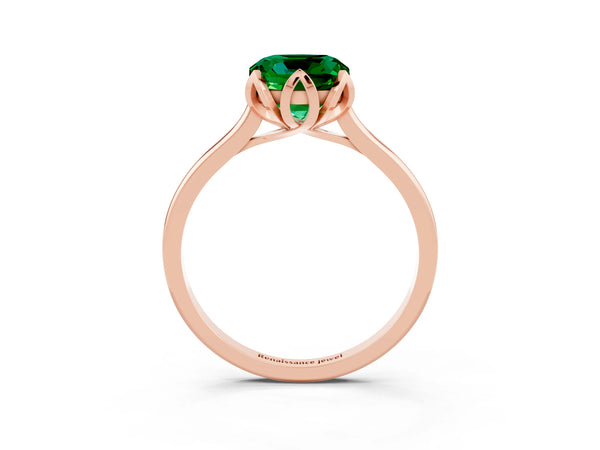 Rose gold Cushion Cut Emerald Solitaire Ring with Flower Prong Setting and Classic Band