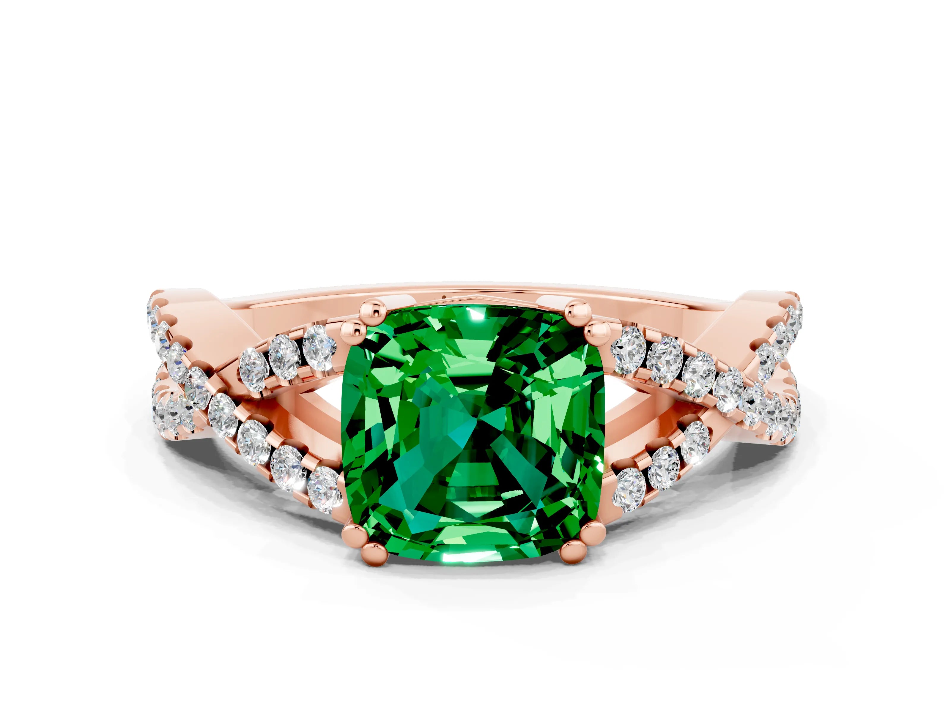 Rose gold Cushion Cut Emerald Solitaire Ring with Four-Prong Setting and Twisted Pavé Band