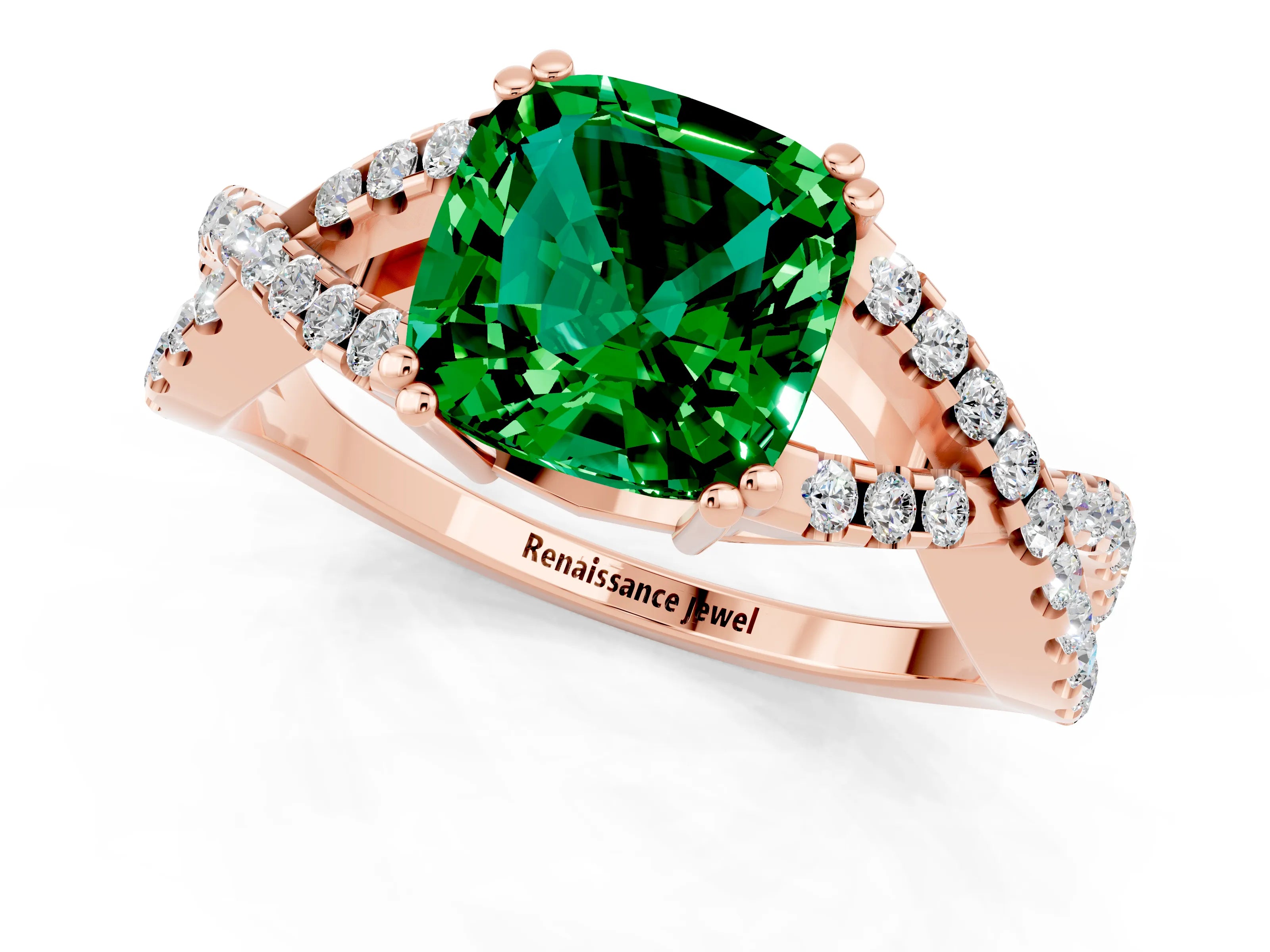 Rose gold Cushion Cut Emerald Solitaire Ring with Four-Prong Setting and Twisted Pavé Band_1