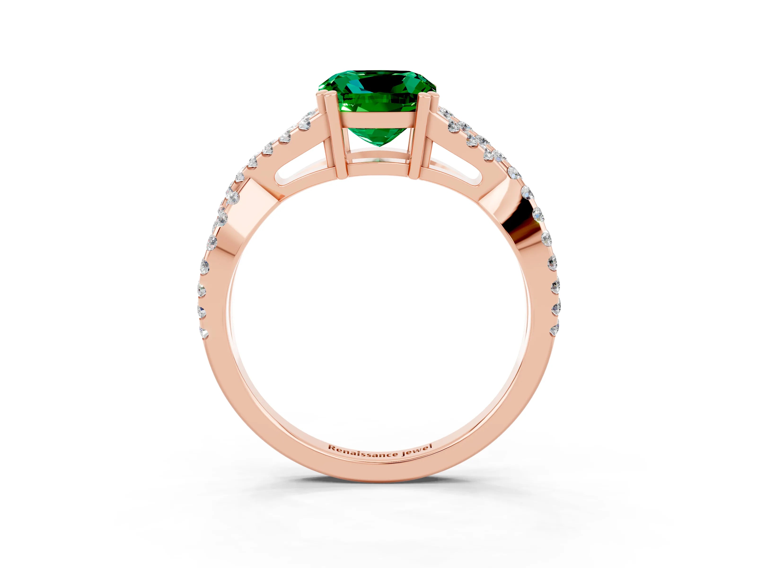 Rose gold Cushion Cut Emerald Solitaire Ring with Four-Prong Setting and Twisted Pavé Band_3