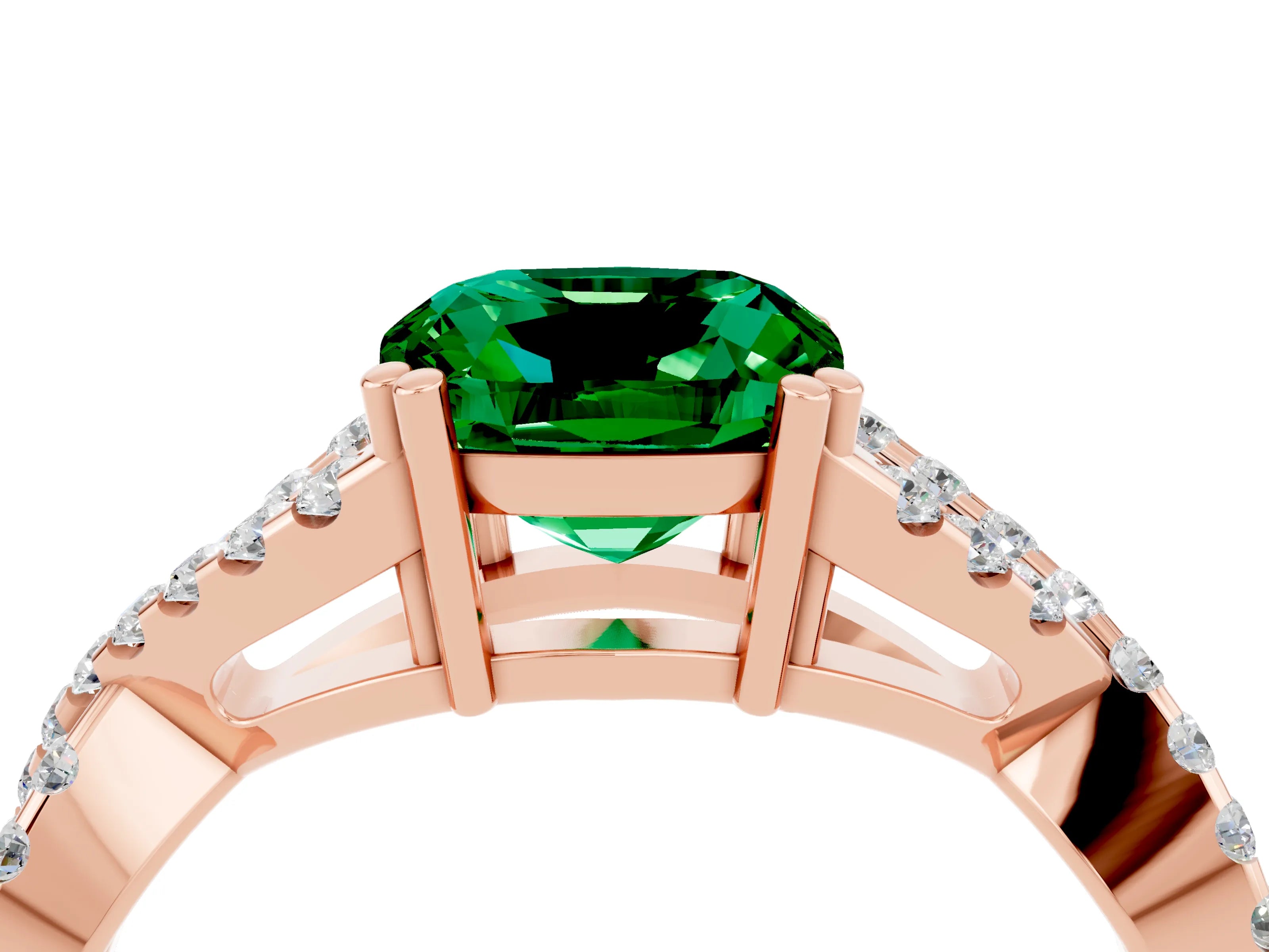Rose gold Cushion Cut Emerald Solitaire Ring with Four-Prong Setting and Twisted Pavé Band_4