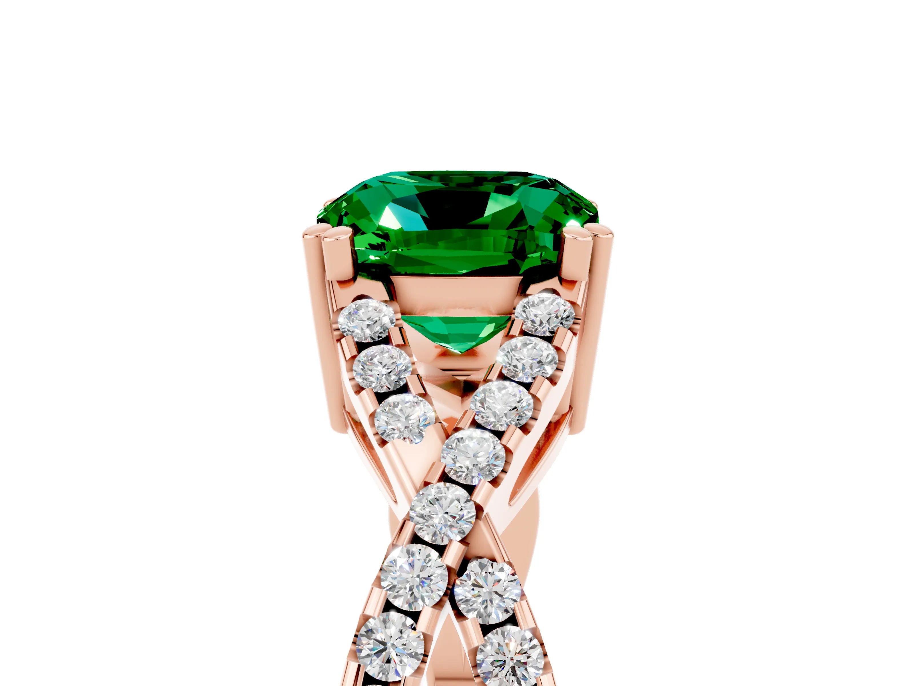 Rose gold Cushion Cut Emerald Solitaire Ring with Four-Prong Setting and Twisted Pavé Band_5