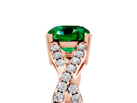 Rose gold Cushion Cut Emerald Solitaire Ring with Four-Prong Setting and Twisted Pavé Band_5