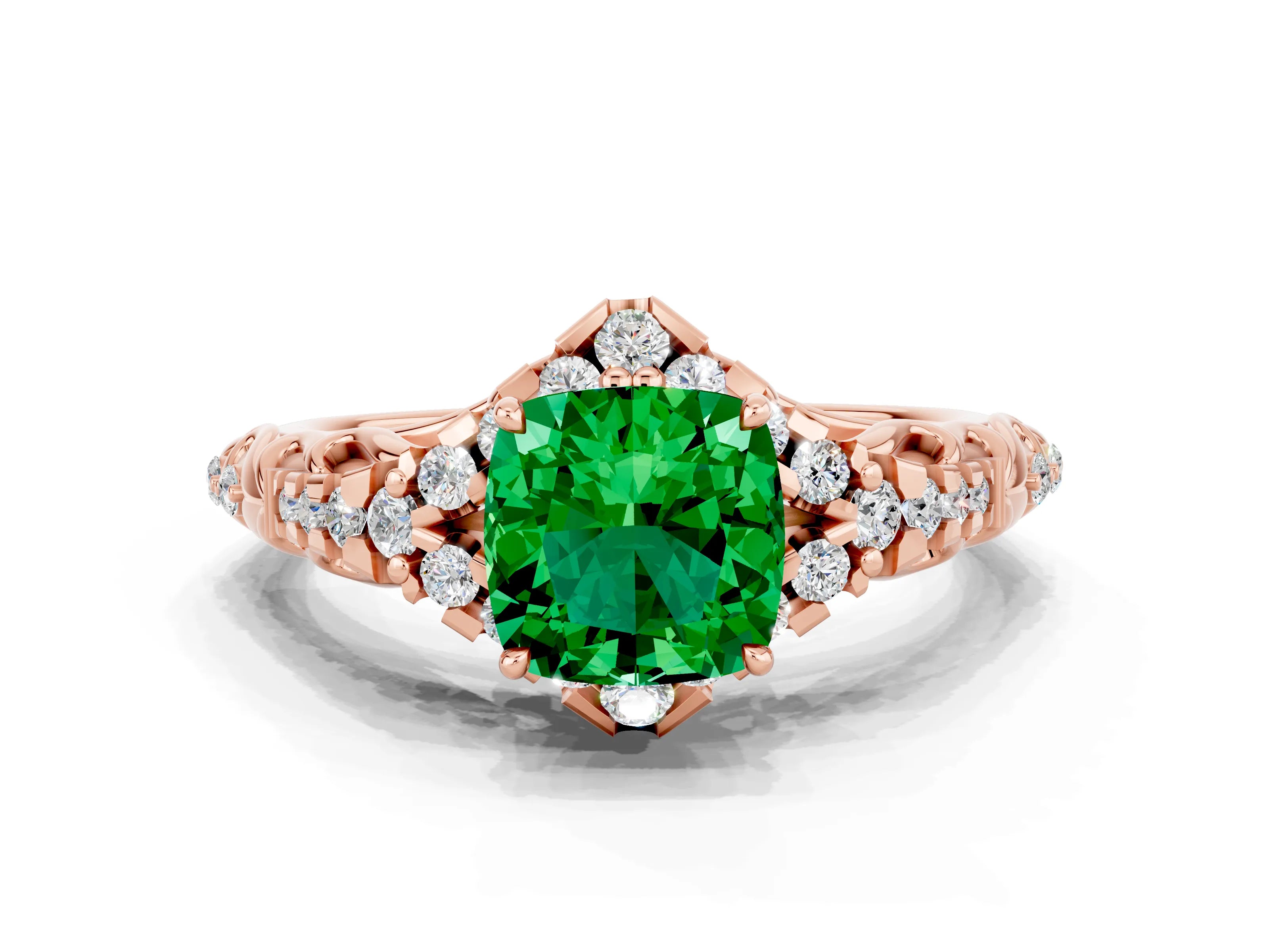 Rose gold Cushion Cut Emerald Solitaire Ring with Hidden Halo and Pavé Band_12