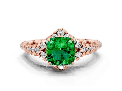 Rose gold Cushion Cut Emerald Solitaire Ring with Hidden Halo and Pavé Band_12