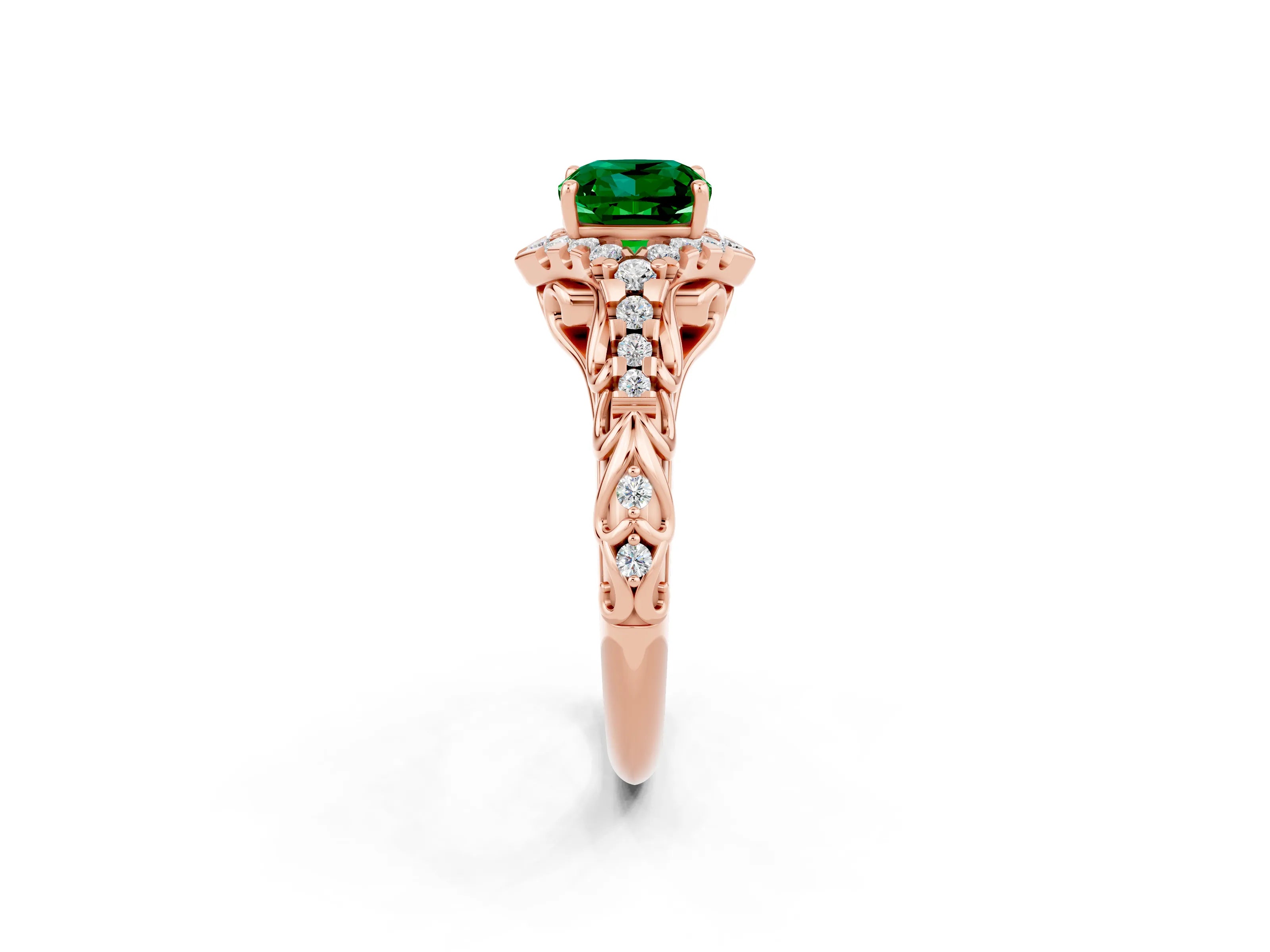 Rose gold Cushion Cut Emerald Solitaire Ring with Hidden Halo and Pavé Band_14