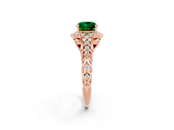 Rose gold Cushion Cut Emerald Solitaire Ring with Hidden Halo and Pavé Band