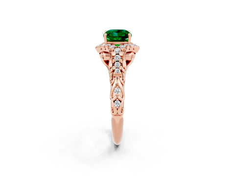 Rose gold Cushion Cut Emerald Solitaire Ring with Hidden Halo and Pavé Band_14