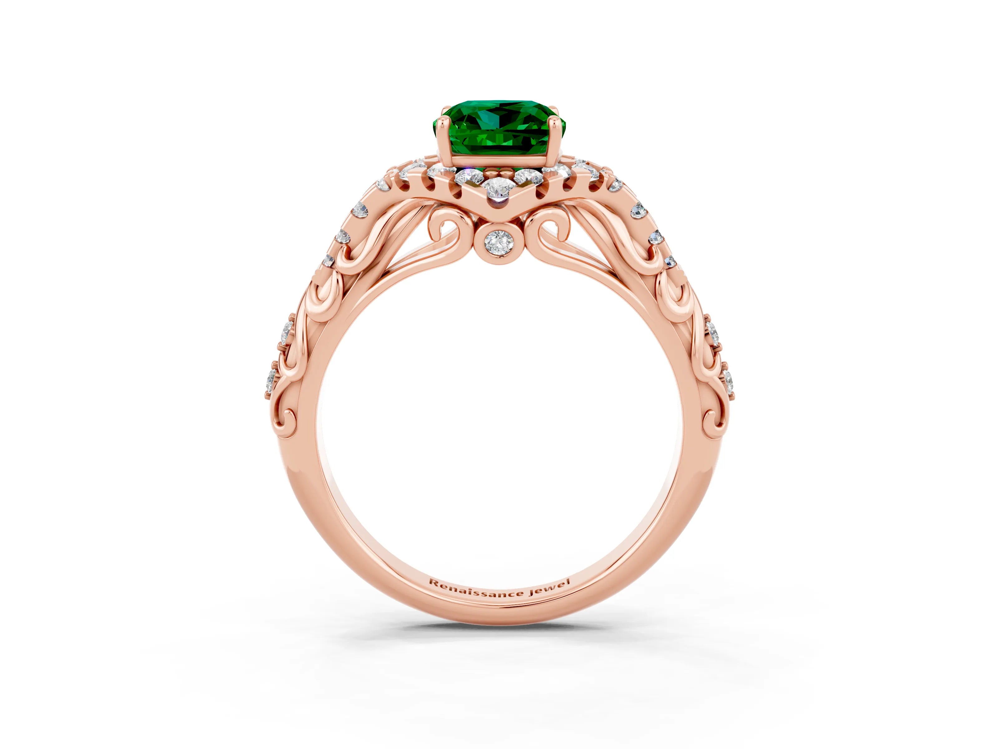 Rose gold Cushion Cut Emerald Solitaire Ring with Hidden Halo and Pavé Band_15
