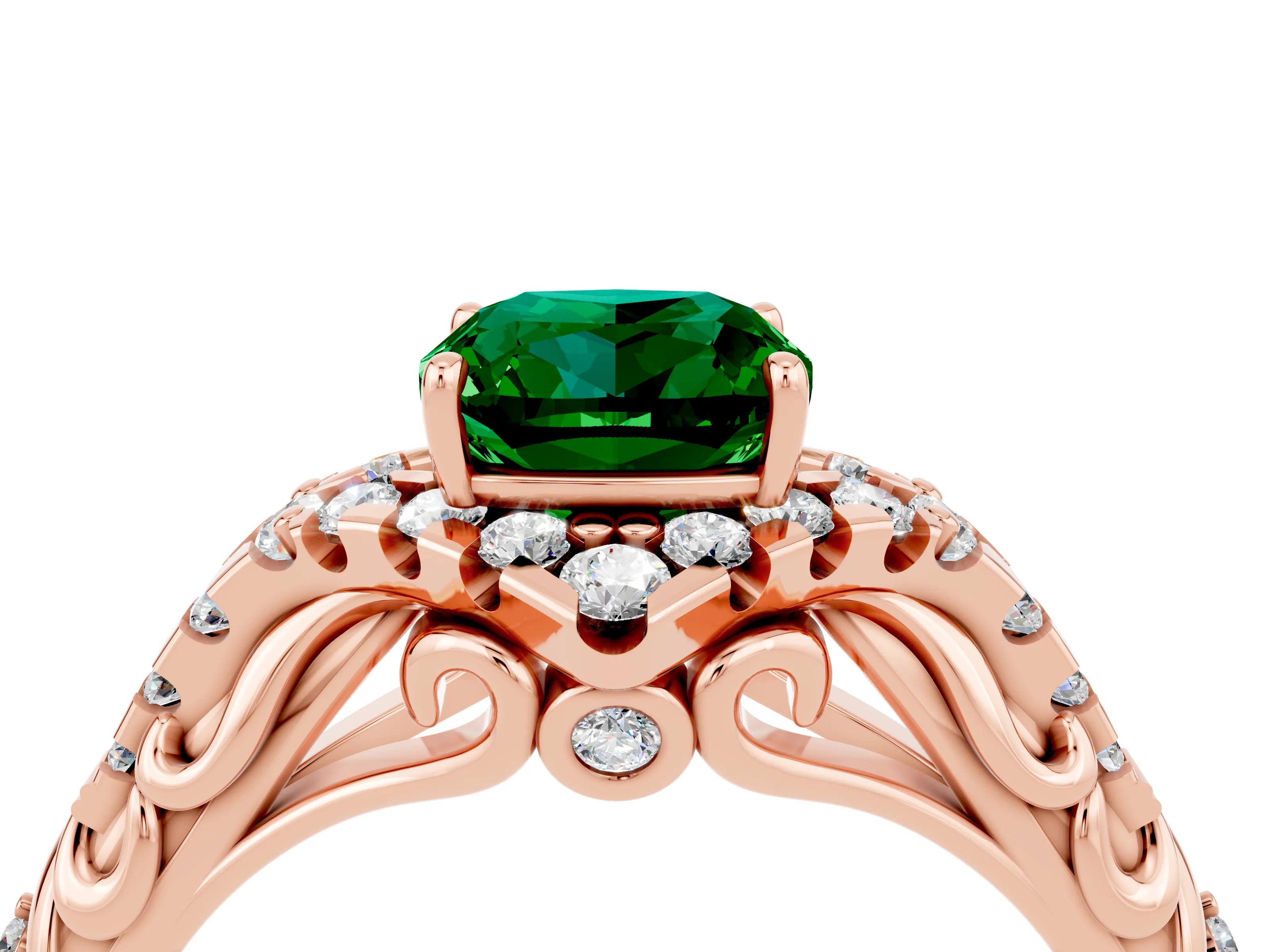 Rose gold Cushion Cut Emerald Solitaire Ring with Hidden Halo and Pavé Band_16