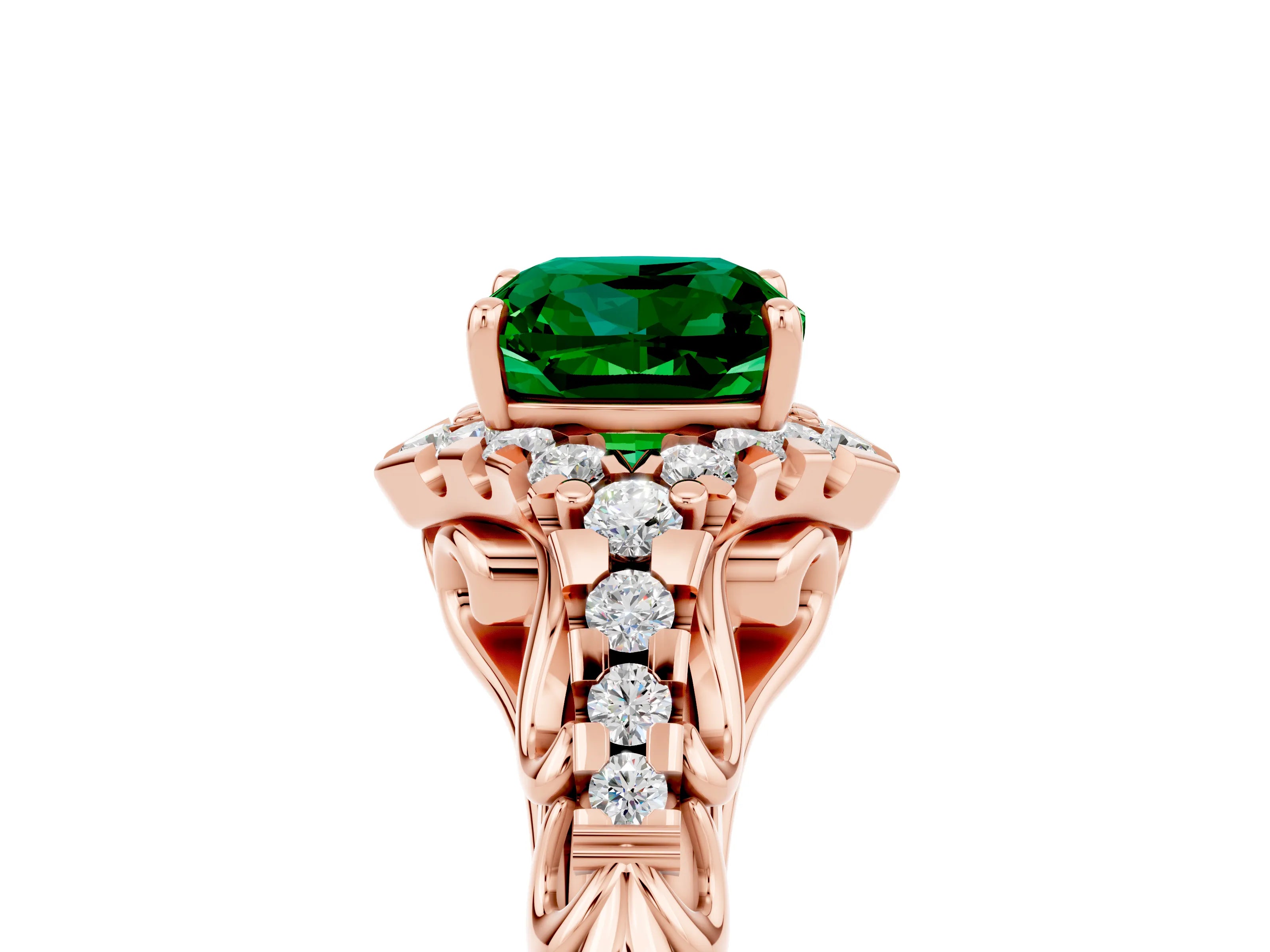 Rose gold Cushion Cut Emerald Solitaire Ring with Hidden Halo and Pavé Band_17