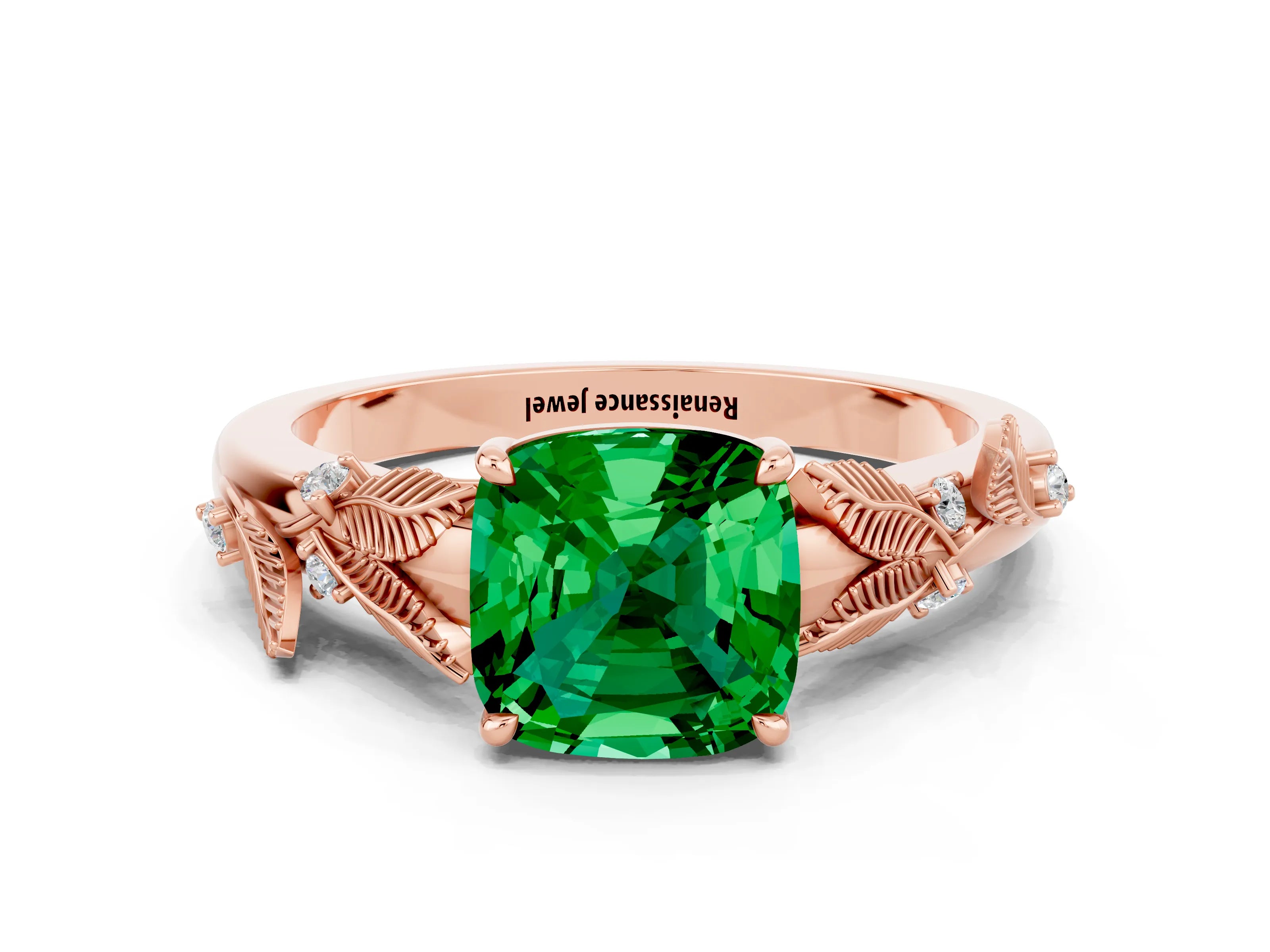 Rose gold Cushion Cut Emerald Solitaire Ring with Leaf Motif Band and Four-Prong Setting