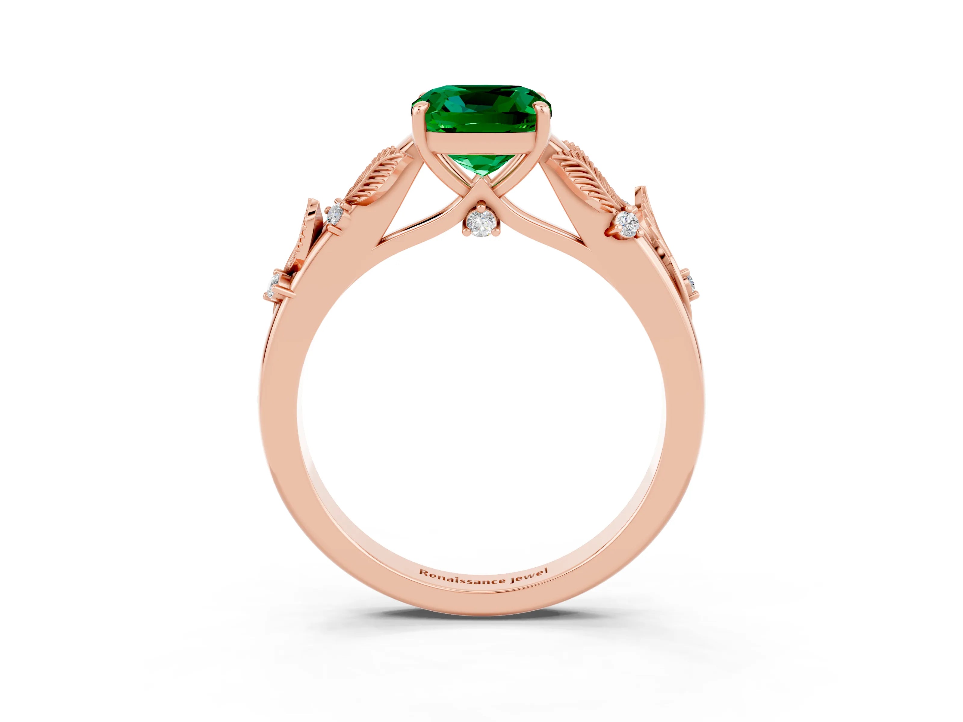Rose gold Cushion Cut Emerald Solitaire Ring with Leaf Motif Band and Four-Prong Setting_3