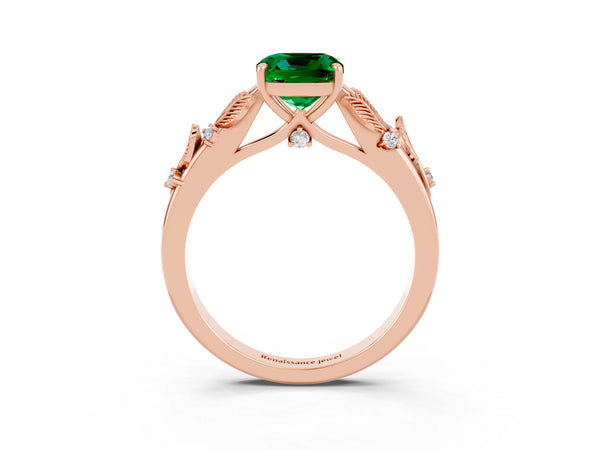 Rose gold Cushion Cut Emerald Solitaire Ring with Leaf Motif Band and Four-Prong Setting