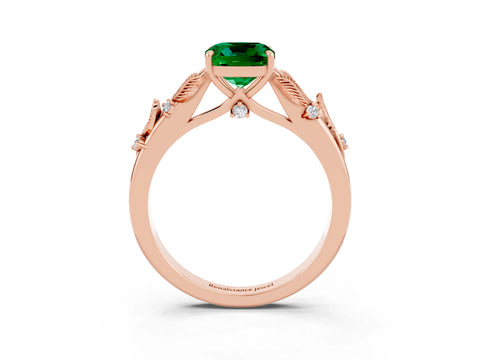Rose gold Cushion Cut Emerald Solitaire Ring with Leaf Motif Band and Four-Prong Setting_3