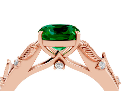 Rose gold Cushion Cut Emerald Solitaire Ring with Leaf Motif Band and Four-Prong Setting_4